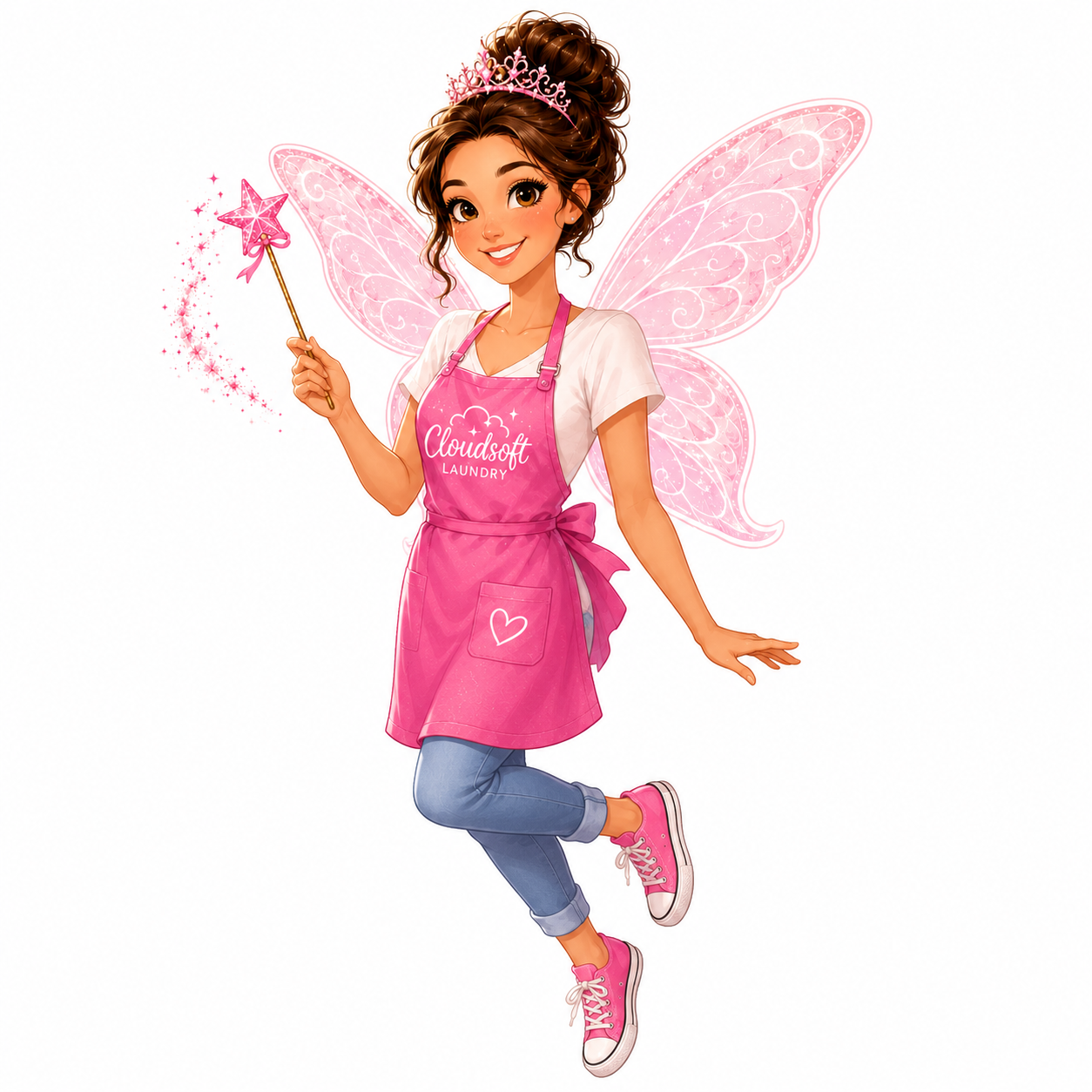 The Cloudsoft Laundry To Go Fairy holding a basket of fluffy clean towels